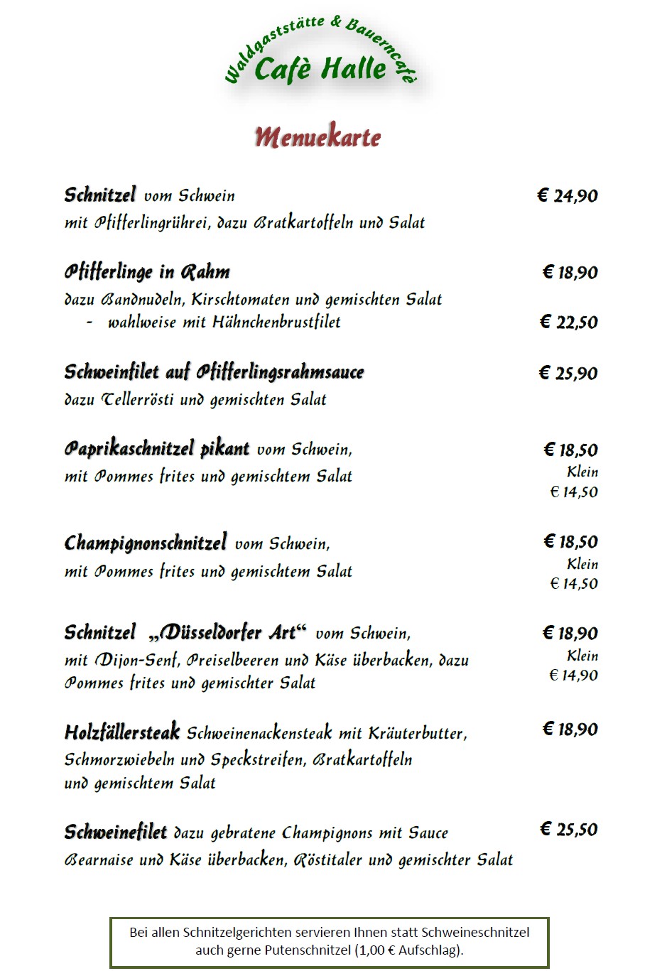 Aktuelle Speisekarte Cafe Halle Juli 2026 Seite 1